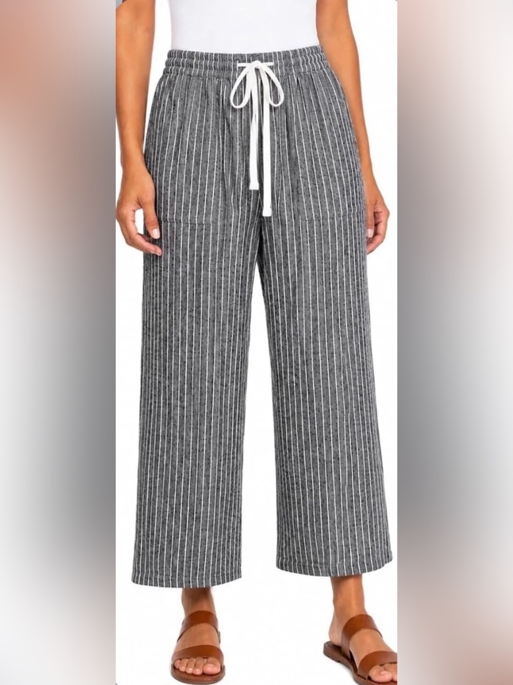 Roxy Women’s Linen Blend Crop Pants Black White Stripe Large L 26” NWT